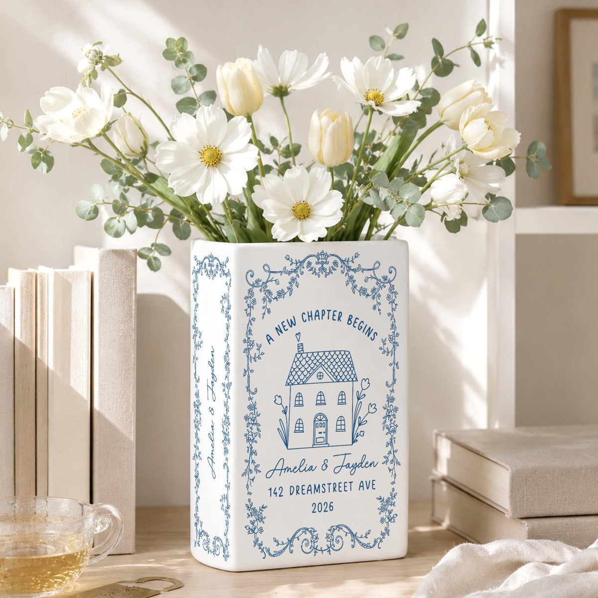 Personalized First Home Ceramic Book Vase, Housewarming Gift For Couple LM32 670603