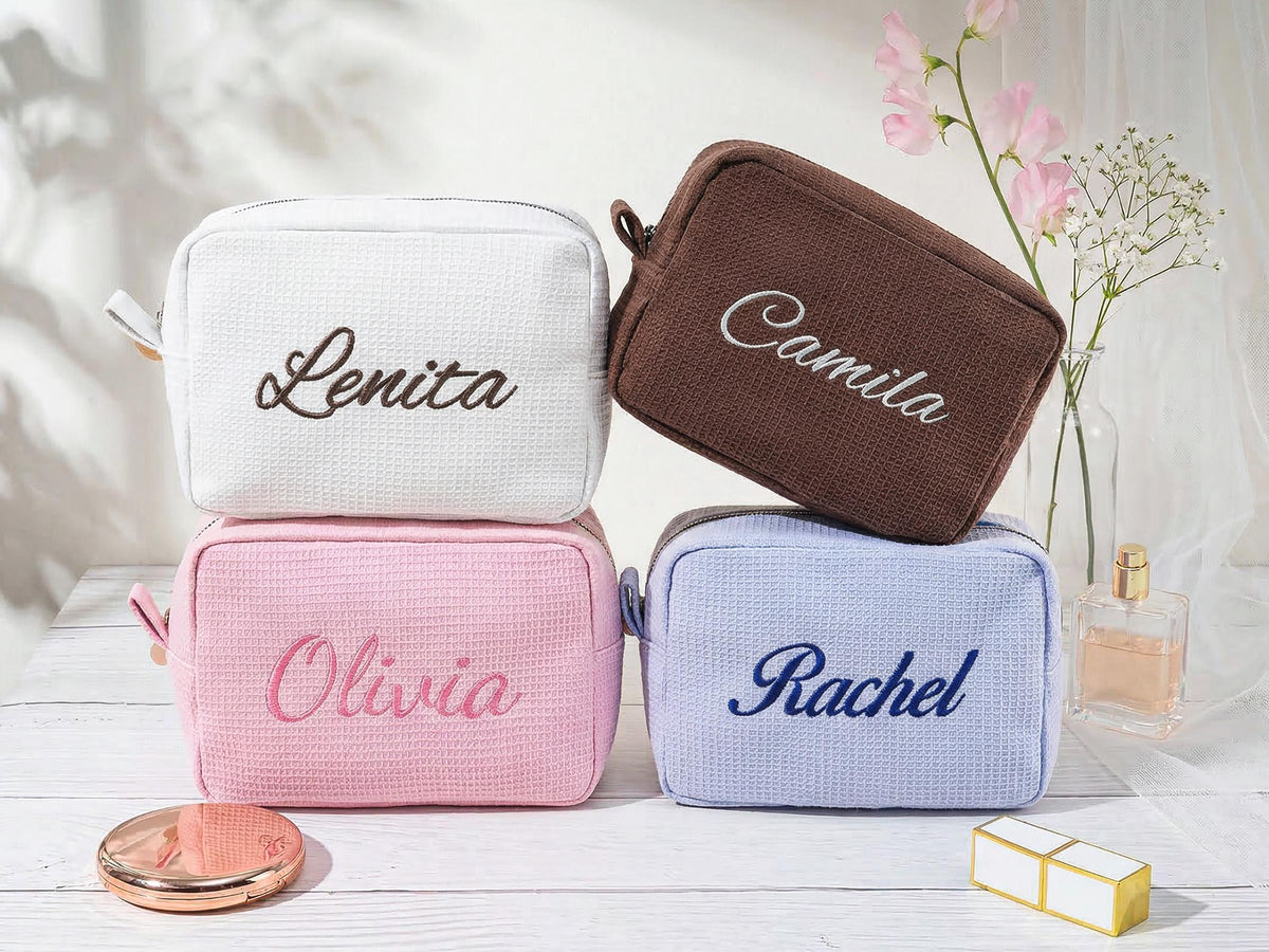 Personalized Name Embroidered Waffle Cosmetic Bag - Gift For Mom, Girlfriend, Women, Bridesmaid Gift LM32 899547