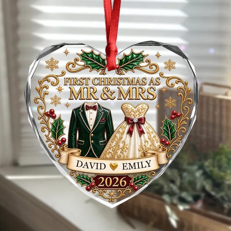 Personalized 2026 First Christmas As Mr & Mrs Heart Glass Ornament, Holiday Decoration Gift CH07 180714