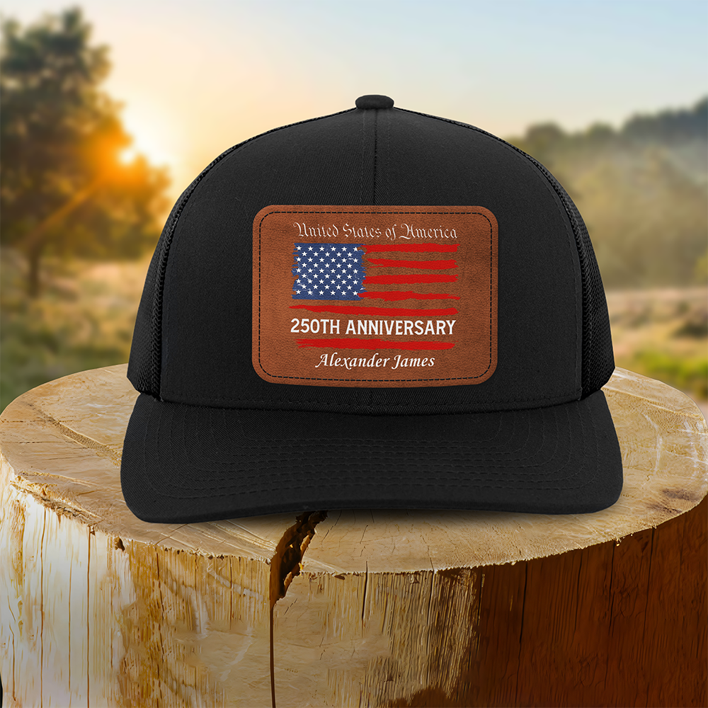 Custom Name USA 250th Anniversary America Flag Leather Patch Hat HO82 902306