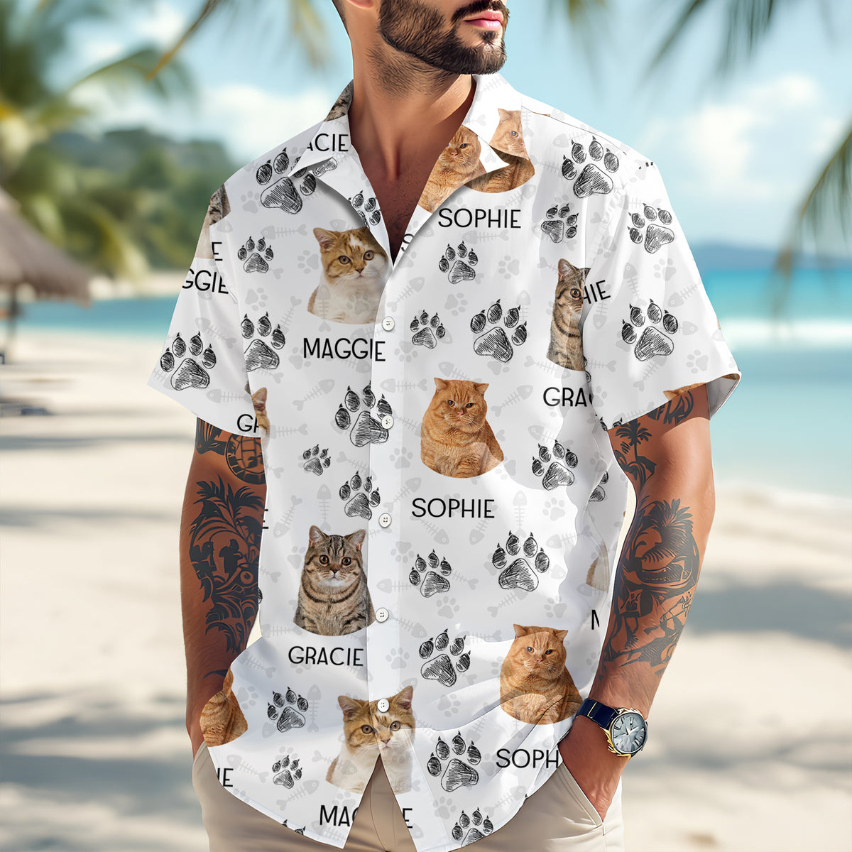 Custom Cat Photo With Paw Pattern Hawaii Shirt For Cat Lover TH10 894125