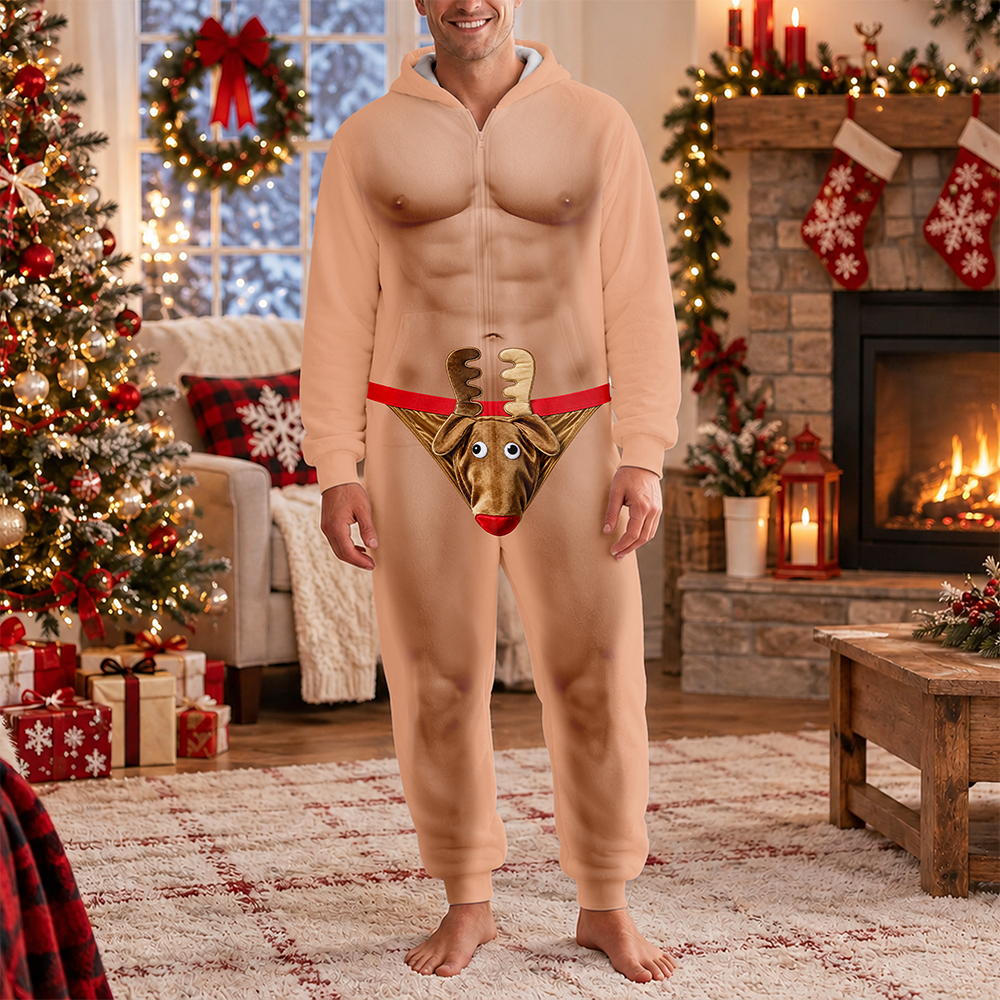 Fake Underwear Reindeer Hairy Body Onesie Pajamas Funny Christmas Gag Gift CH07 180586