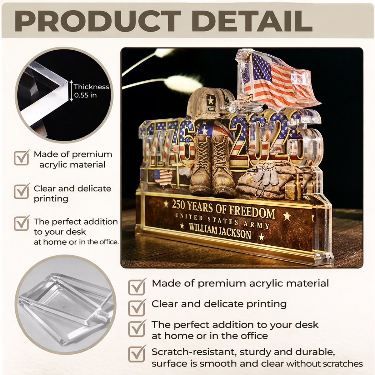 Personalized 250 Years Of Freedom 1776–2026 Acrylic Block Plaque - Veteran Gift, Patriotic Military Memorial Decor HO82 901854