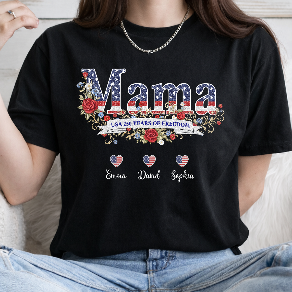 Custom Kids Names Mom USA 250 Years of Freedom 1776–2026 Patriotic Floral Dark Shirt Gift for Mom CH07 911040