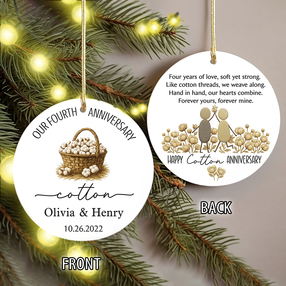 Personalised Cotton Anniversary 2 Sided Ceramic Ornament, Cotton Wedding Anniversary Gift LM32 670063