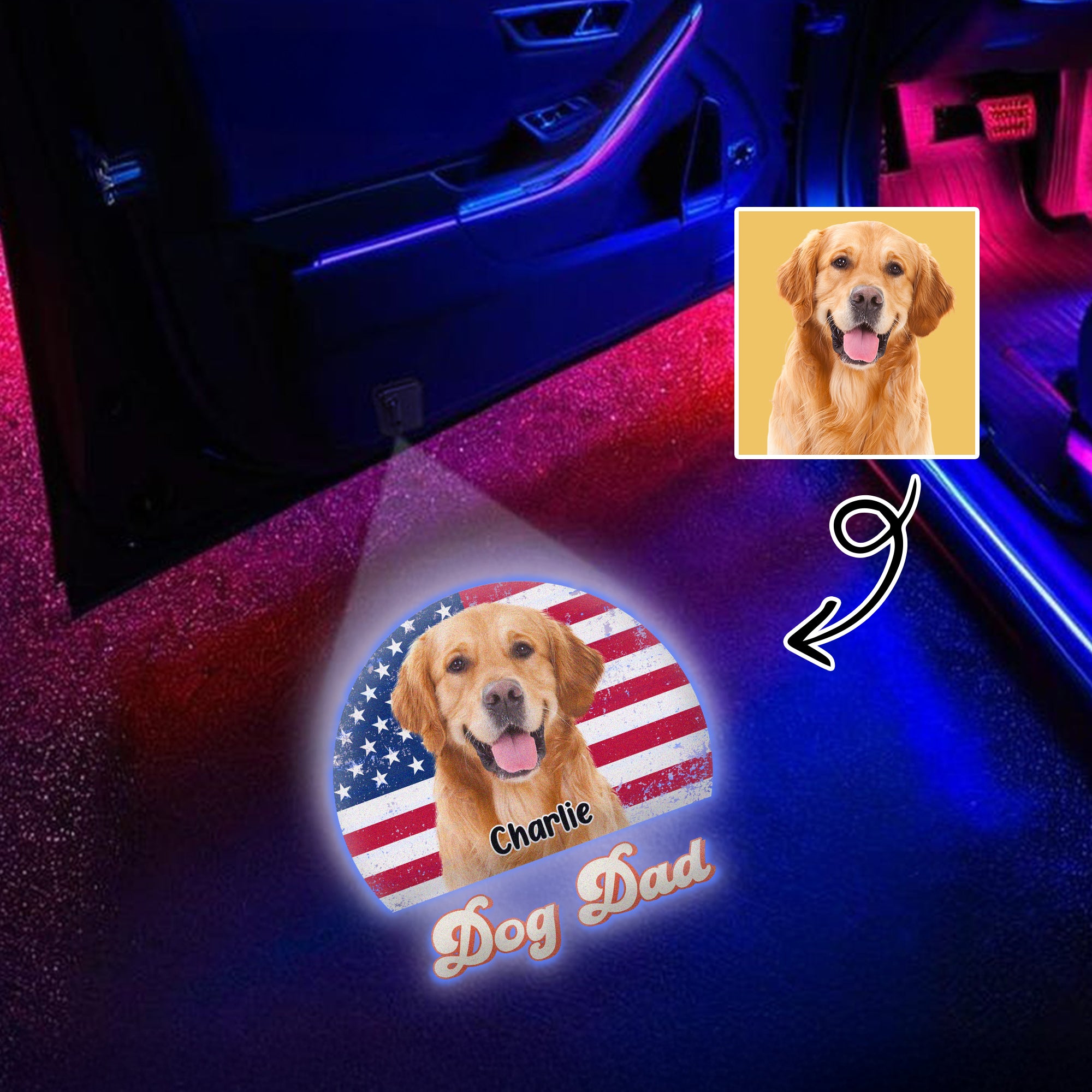 Custom Dog Photo Retro Sunset Dog Dad Car Door Projector Light CH07 896434