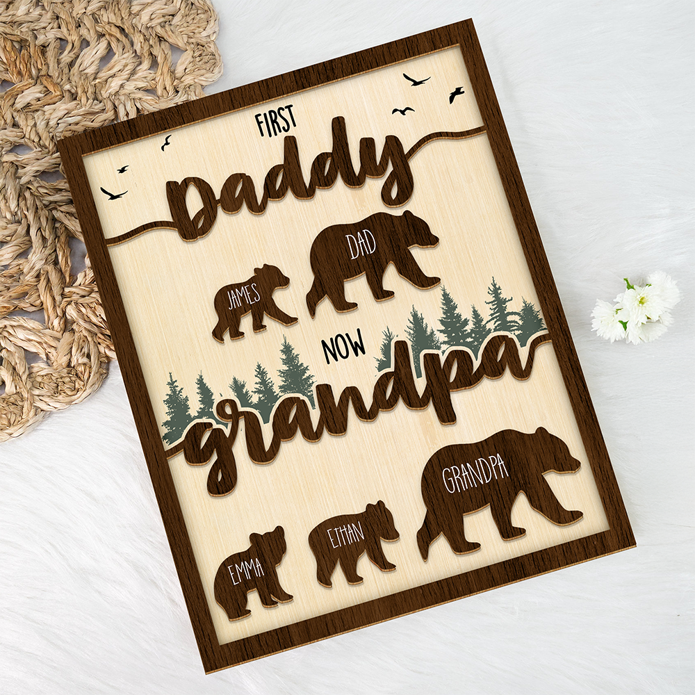 Papa Bear With Kid Name Family 2-Layered Wooden Plaque With Stand Personalized Gift For Father's Day, Dad HO82 894042