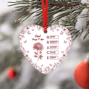 God Says I Am Name Letter In Bible Toile De Jouy Style - Personalized Heart Ceramic Ornament CH07 896966