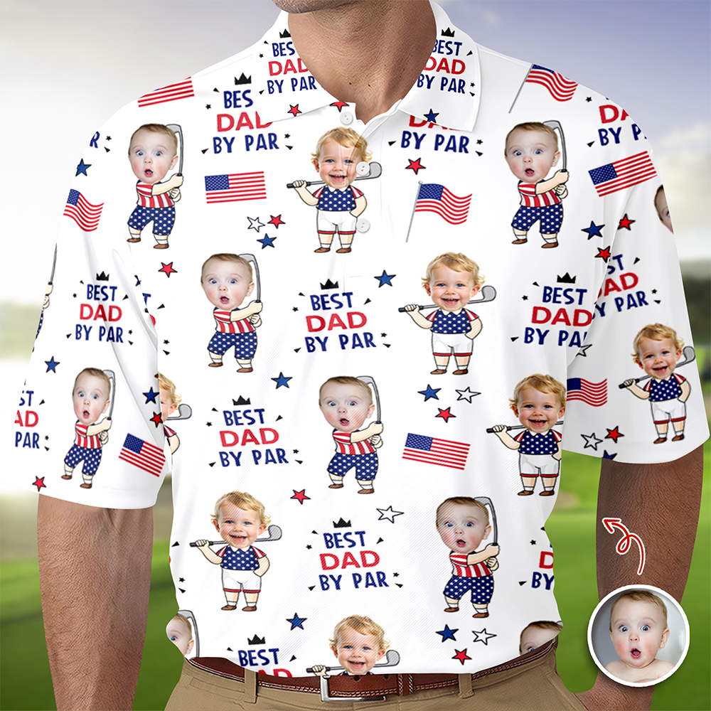 Custom Photo Best Dad By Par Funny Kid US Flag Polo Shirt - Personalized Father's Day Gift HA75 921146