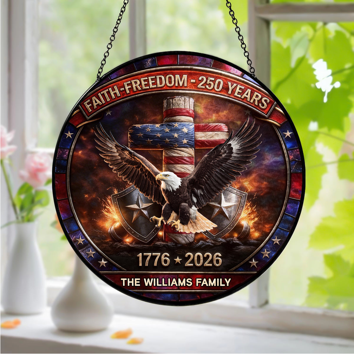 Custom Family Name 250 Years of Freedom 1776 - 2026 Eagle Patriotic Stained Glass Suncatcher HO82 901488