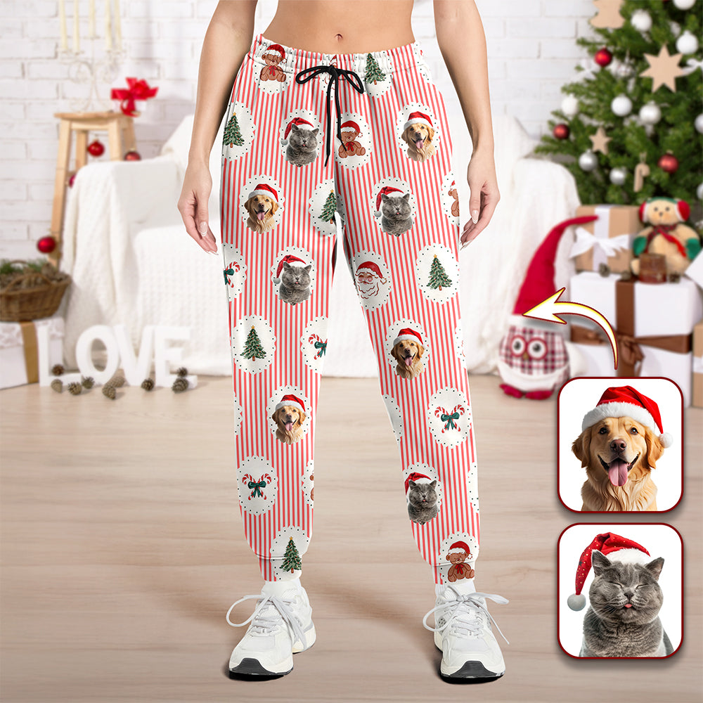 Custom Cute Photo Santa Christmas Green Tree Striped Pattern Sweatpants LM32 897419