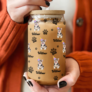 Custom Photo And Name With Dog Paw Glass Can With Lid Gift for Pet Lovers TH10 896783