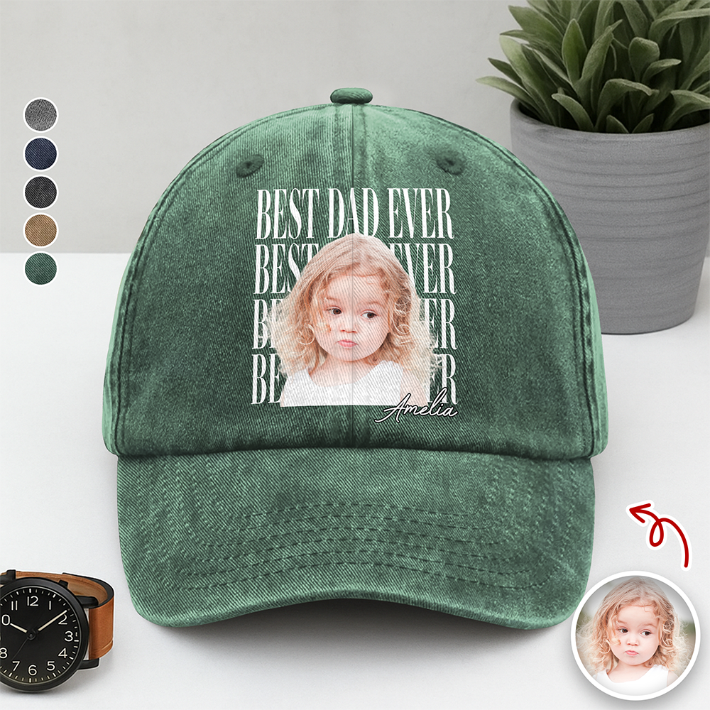 Personalized Vintage Photo Best Dad Mom Ever Washed Denim Baseball Cap HA75 921434