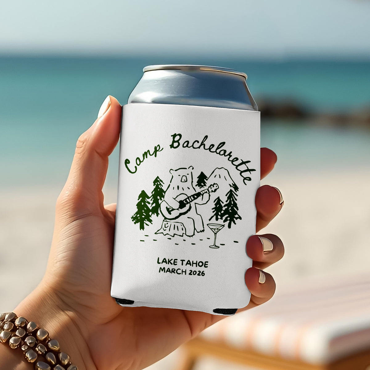 Personalized Camp Bachelorette Can Cooler, Custom Camping Party Favors HO82 902988