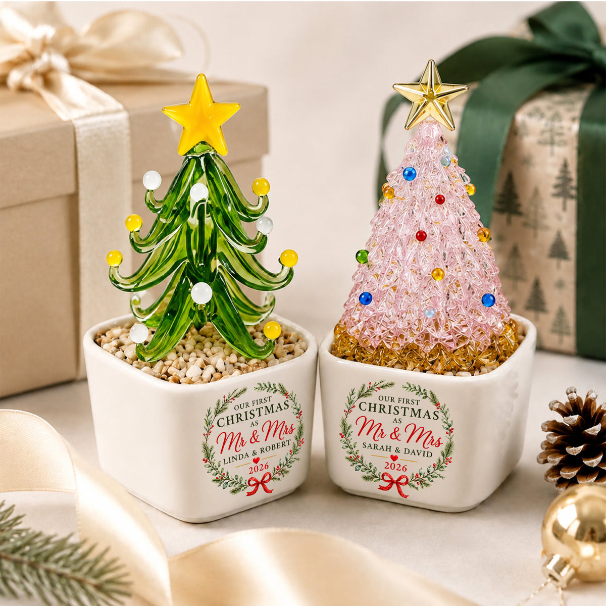 Personalized Initial Name Family Mini Ceramic Pot with Glass Christmas Tree HO82 903518