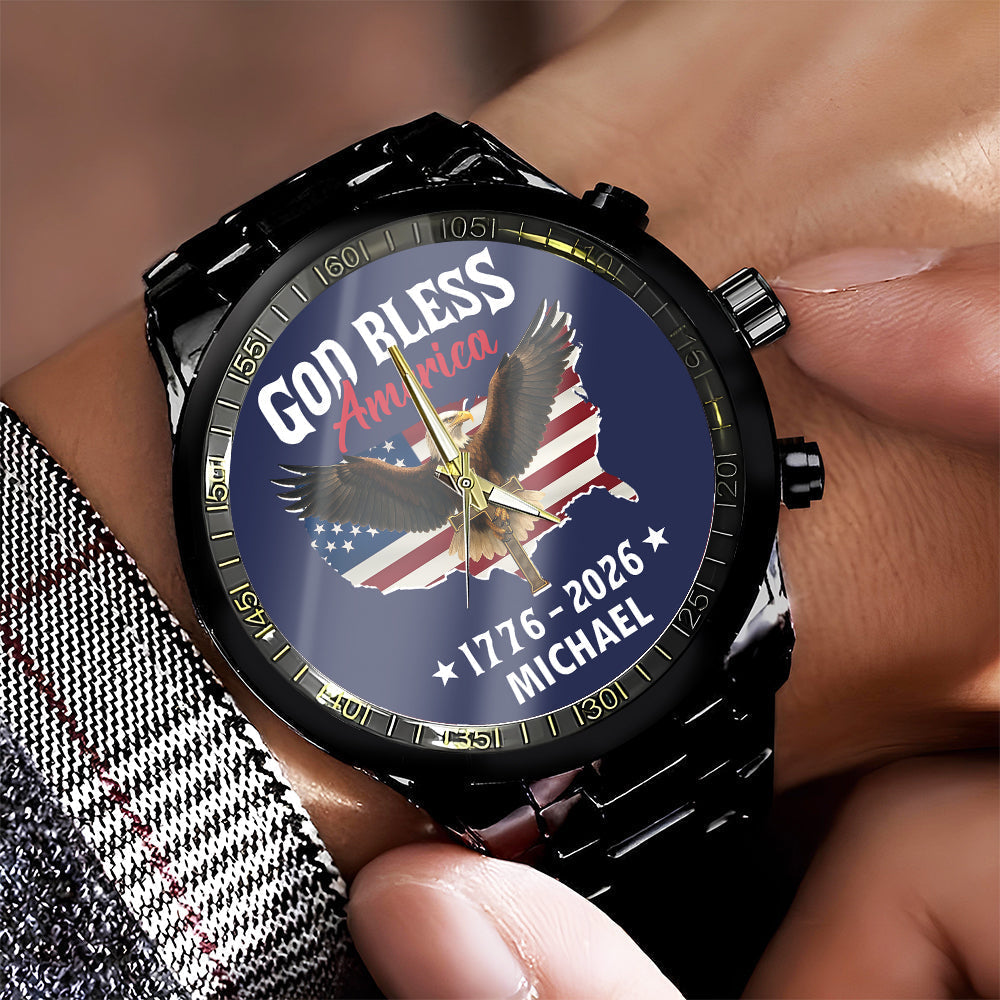 Personalized Name Patriotic 250th Anniversary God Bless America Eagle 1776–2026 Men's Wrist Watch HO82 901560