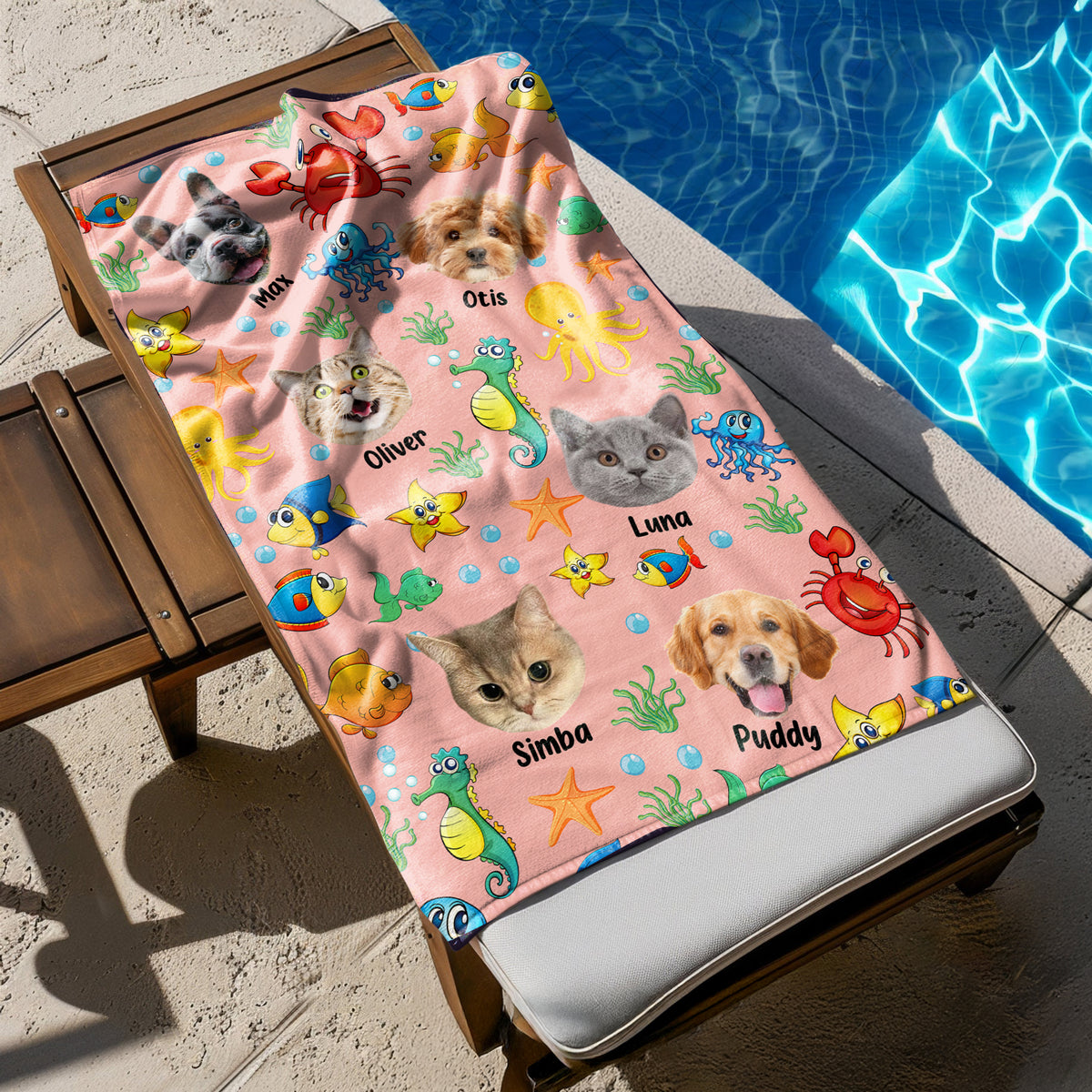 Custom Photo Cute Pet Face Watercolor Sea Creatures Summery Beach Towels CH07 896040