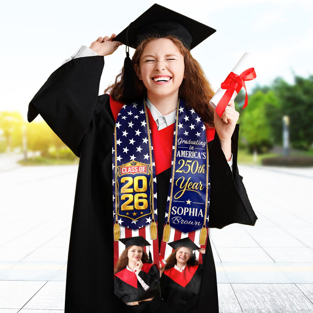 Custom Photo Class of 2026 Graduating in America’s 250th Year Patriotic Graduation Stole TH10 169199