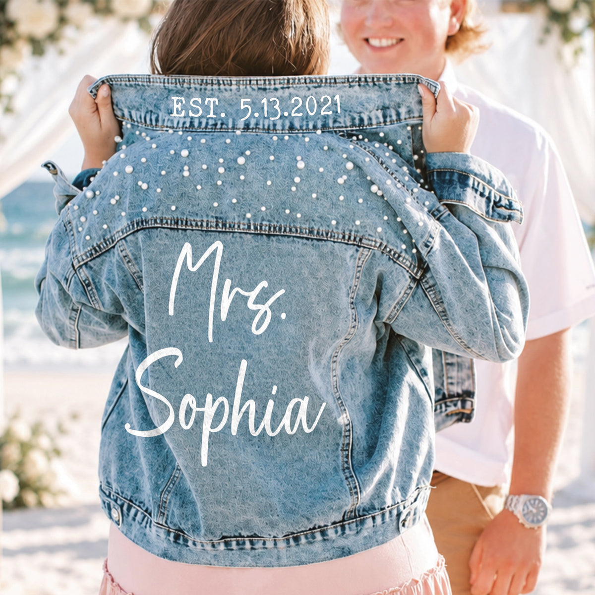 Personalized Name & Date Bridal Jean Jacket with Pearls - Wedding Gift HO82 904108