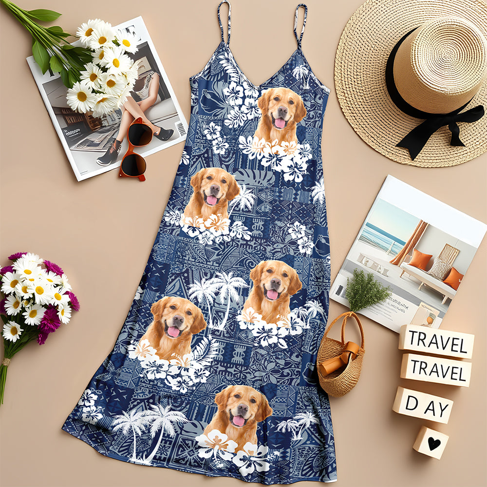 Custom Dog Photo Maxi Dress – Personalized Dog Photo Tropical Summer Dress CH07 911022