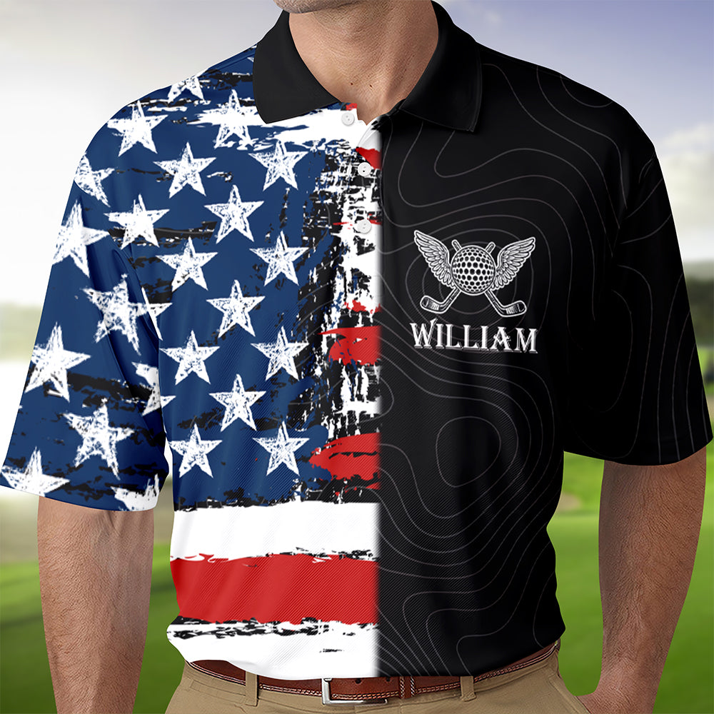 Personalized Name Golf Man American Flag Polo Shirt For Golfer LM32 899087