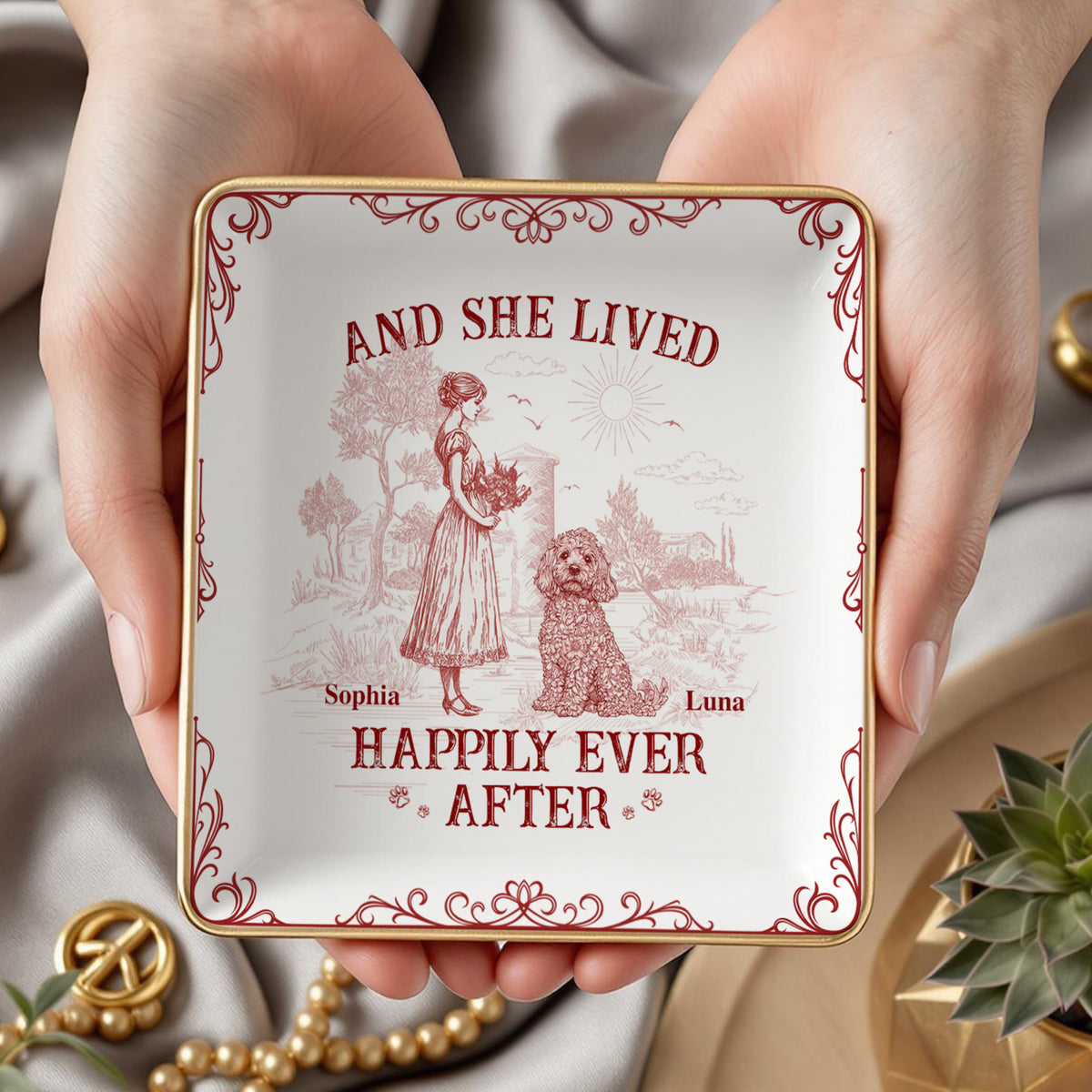 And She Lived Happily Ever After Dog Toile De Jouy Personalized Jewelry Dish LM32 893845