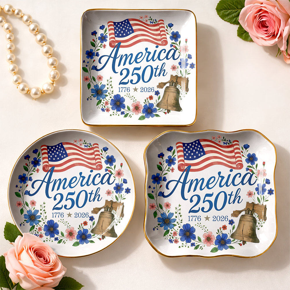 America 250th Anniversary 1776–2026 Floral Ring Dish – Patriotic Jewelry Tray Gift LM32 899509