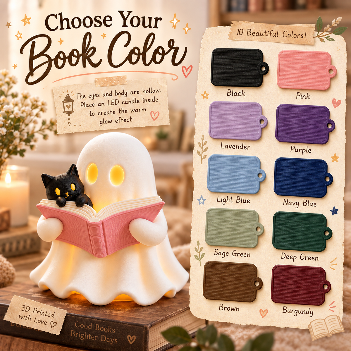 3D Reading Ghost Figurine with Black Cat, LED Tealight Halloween Decor LM32 670039