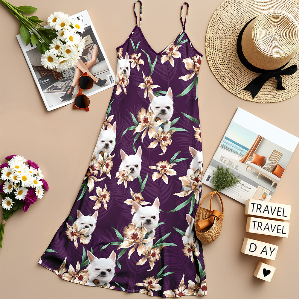 Custom Dog Photo With Lily Flowers Women's V-neck Cami Maxi Dress For Dog Lover TH10 892637