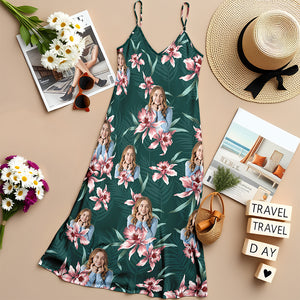 Custom Face Photo With Lily Flowers Women's V-neck Cami Maxi Dress TH10 892635