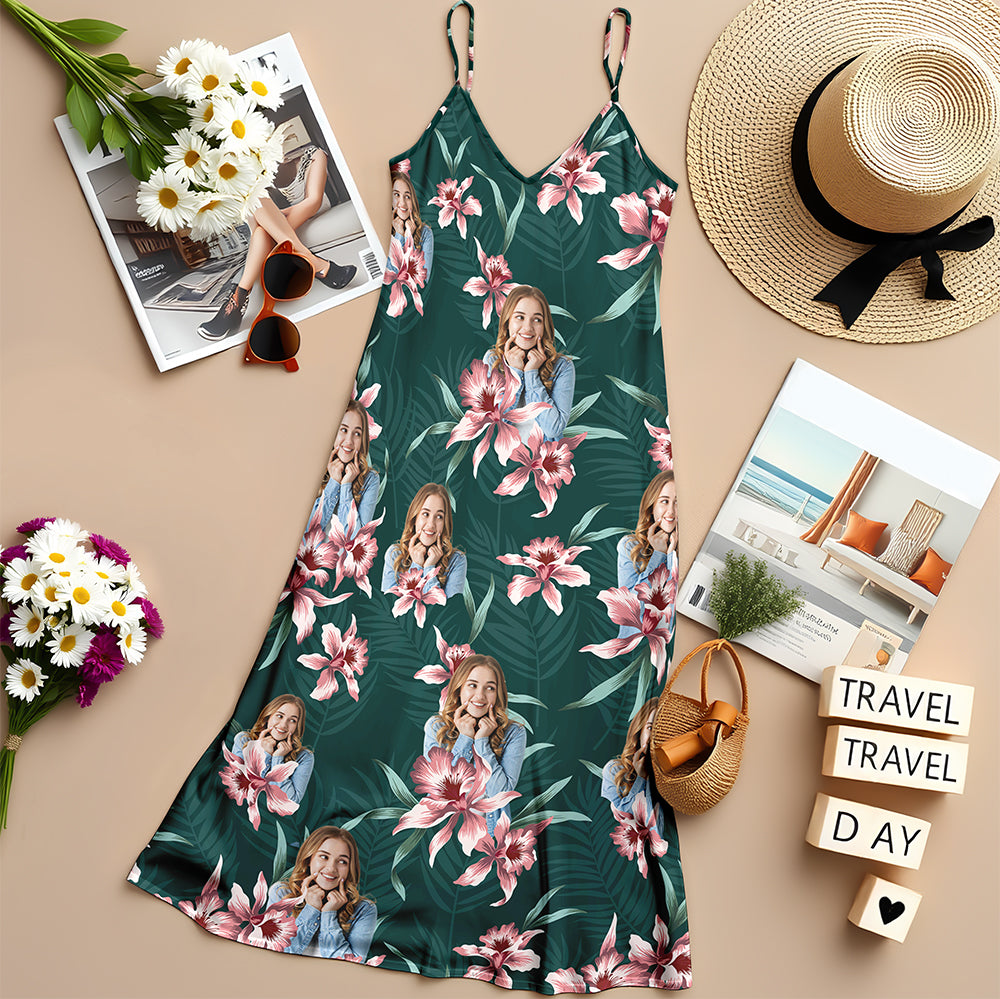Custom Face Photo With Lily Flowers Women's V-neck Cami Maxi Dress TH10 892635