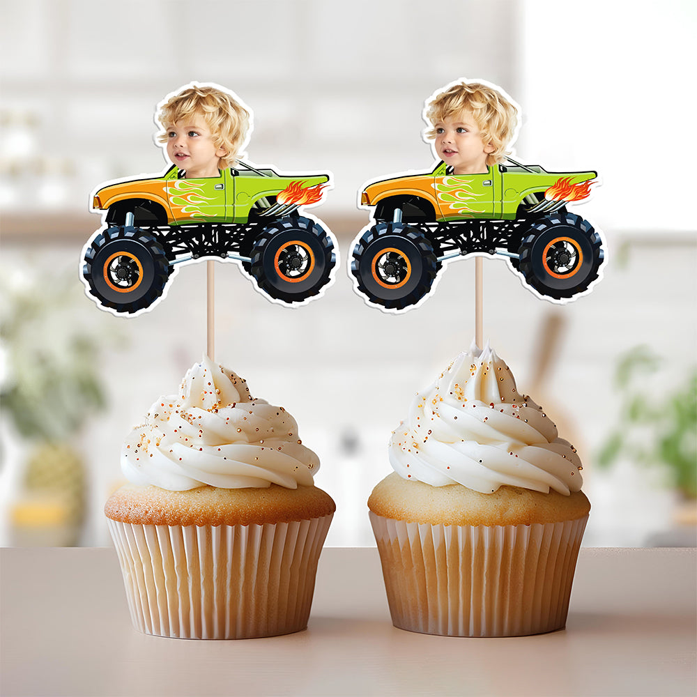 Custom Kid Face Riding Monster Truck Decoration Cupcake Toppers HA75 892008