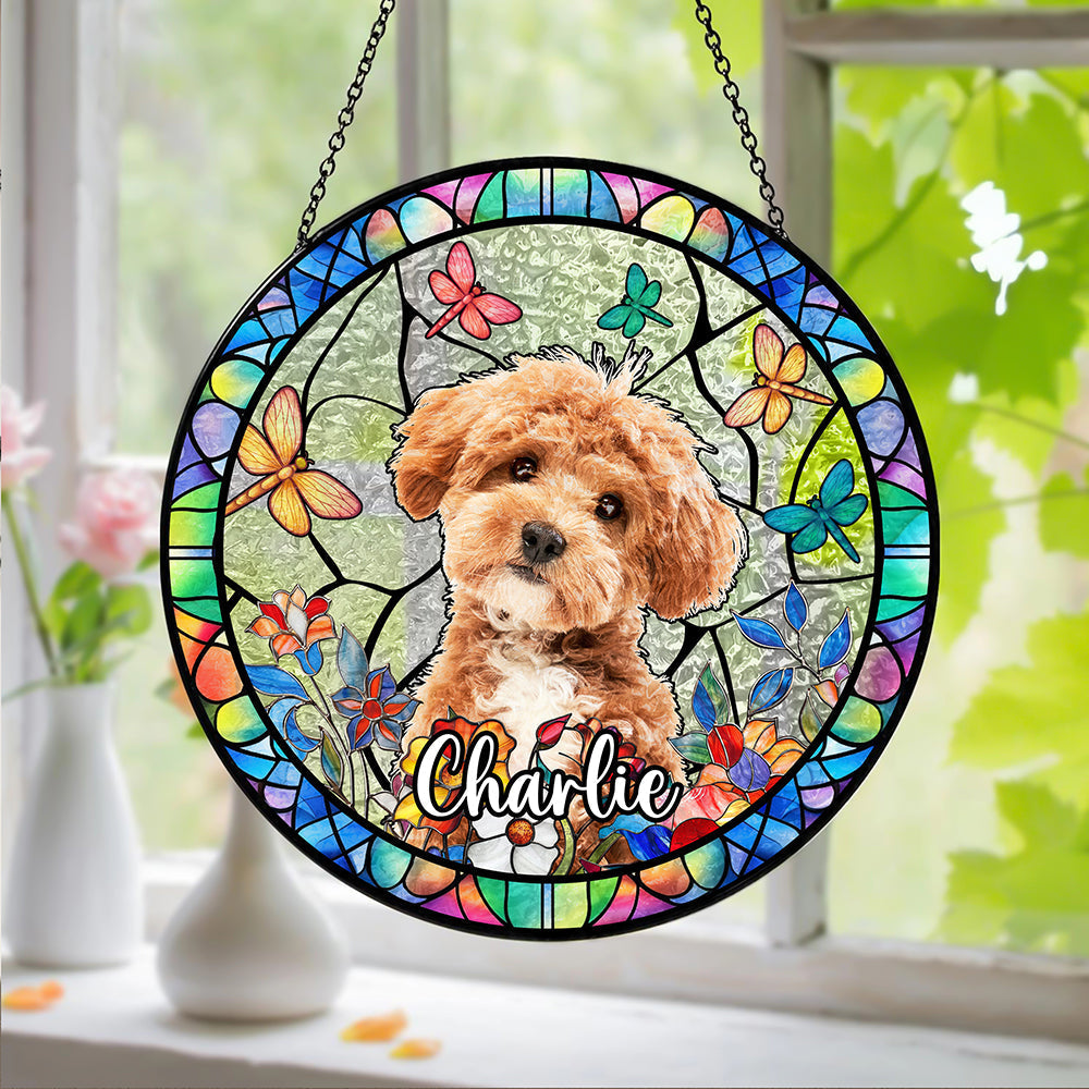 Custom Dog Photo With Flower Memorial Stained Glass Suncatcher, Pet Loss Gift HO82 894318