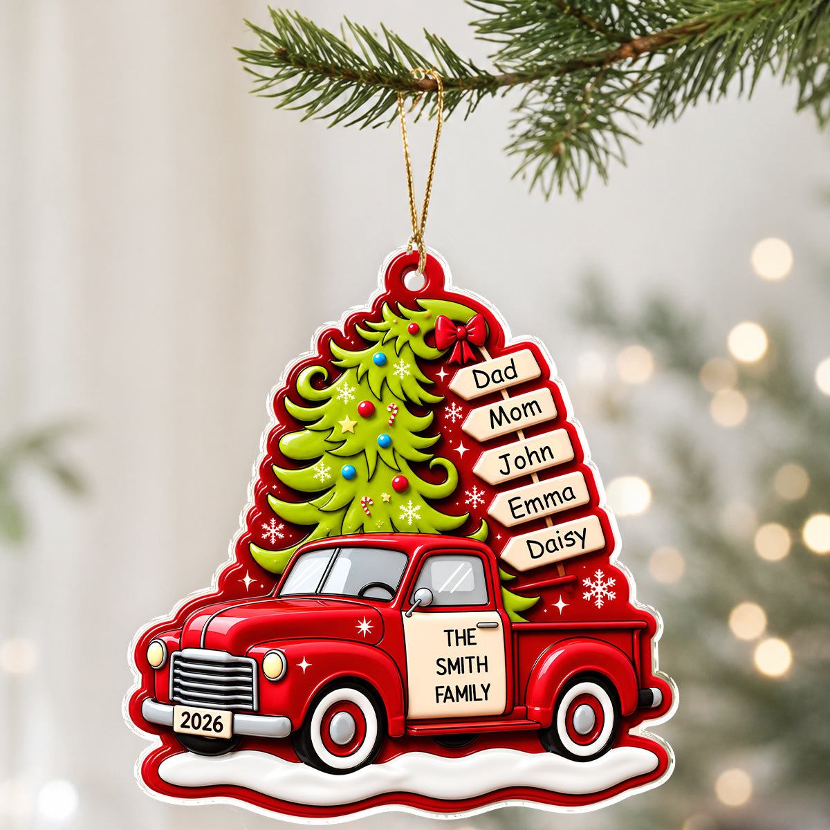 Custom Family Name Christmas Tree Red Truck Acrylic Ornament, Christmas Decoration for Families CH07 180740