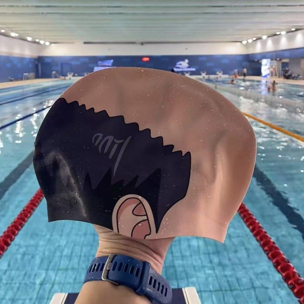 Wacky Bald Head Print Swim Cap, Funny Bald-Head Fabric Hat HO82 903790