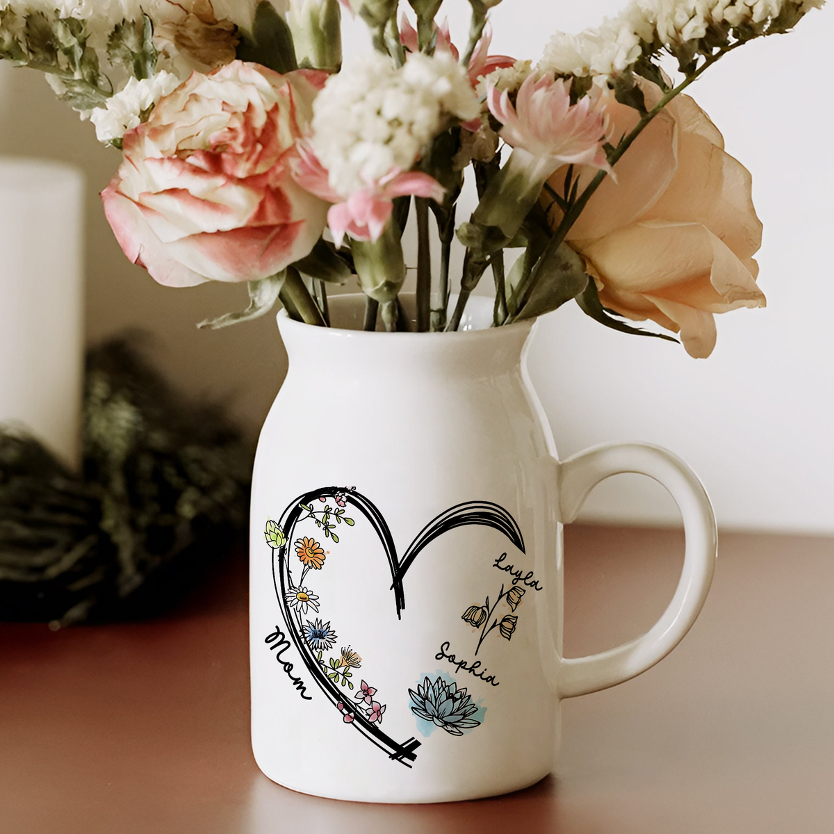 Personalized Names & Birth Flowers Vase with Heart, Mother's Day, Birthday Gift CH07 910886