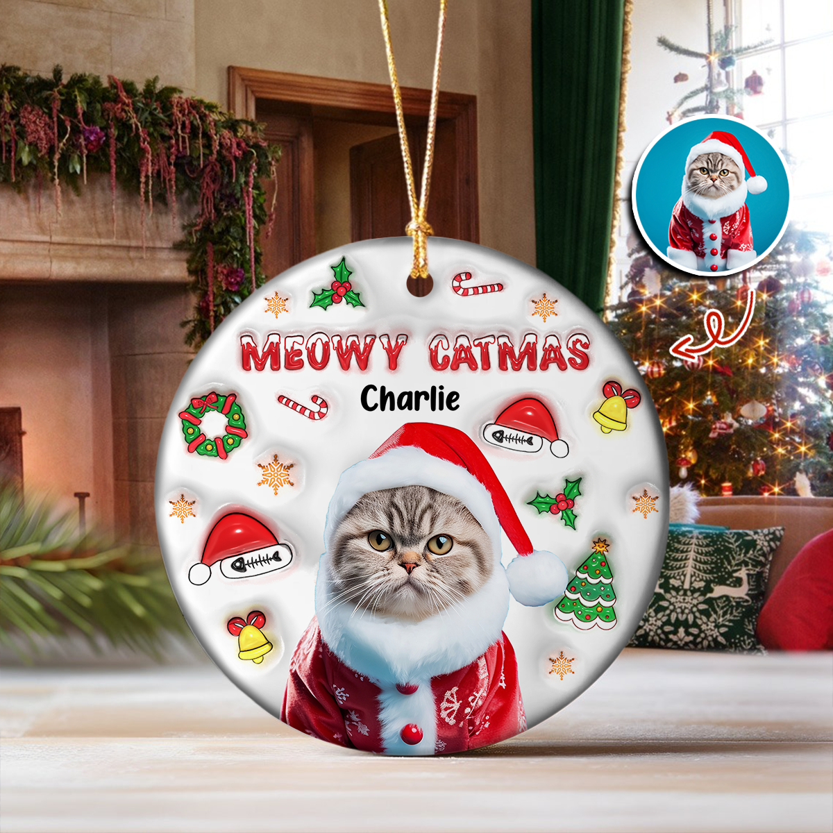 Meowy Catmas Custom Cat Photo 3D Inflated Effect Ceramic Ornament CH07 896366