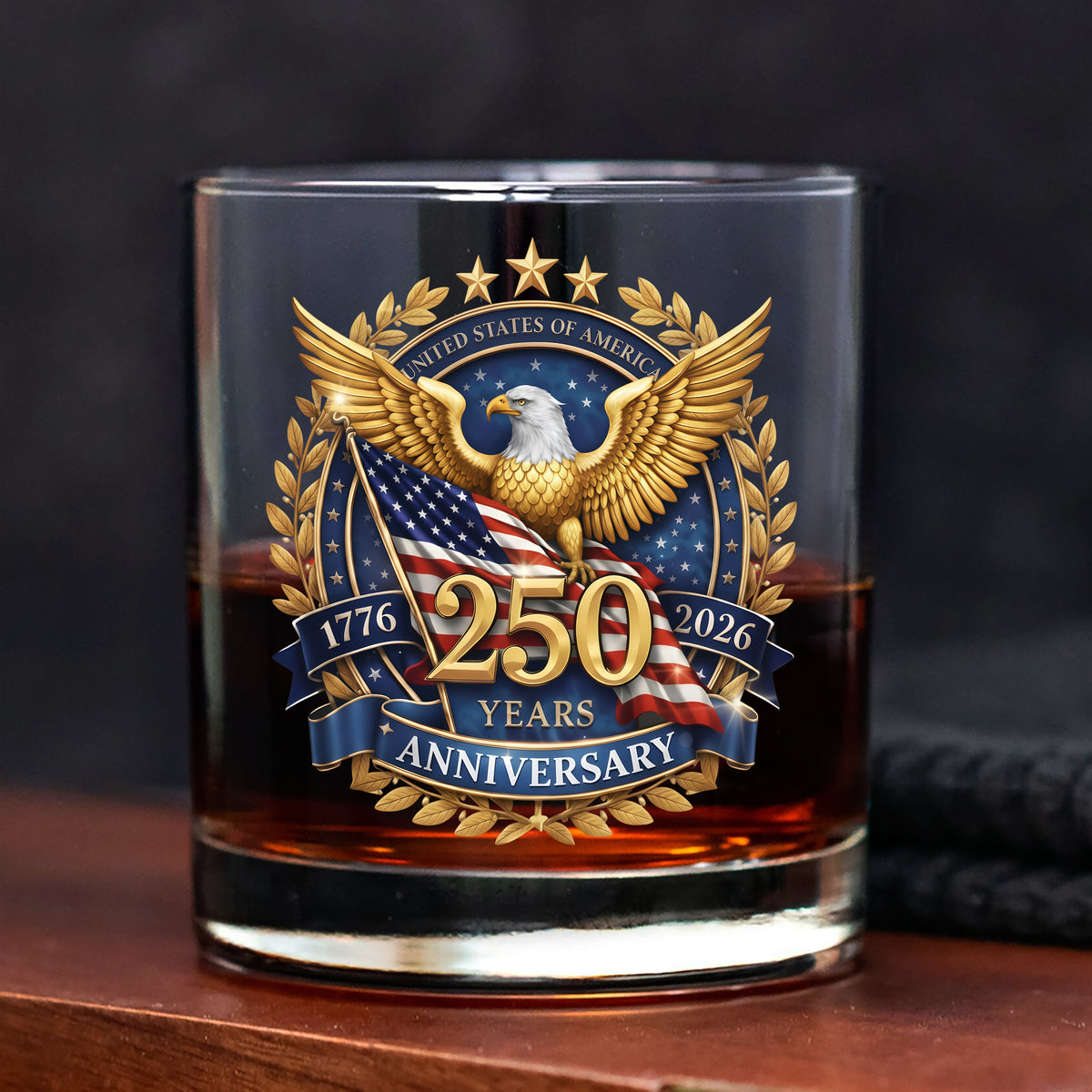 USA 250th Anniversary Emblem Patriotic Eagles Flag Whiskey Glass LM32 899071