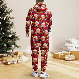 Custom Human Face Photo With Colorful Christmas Lights Onesie Pajamas HO82 900188