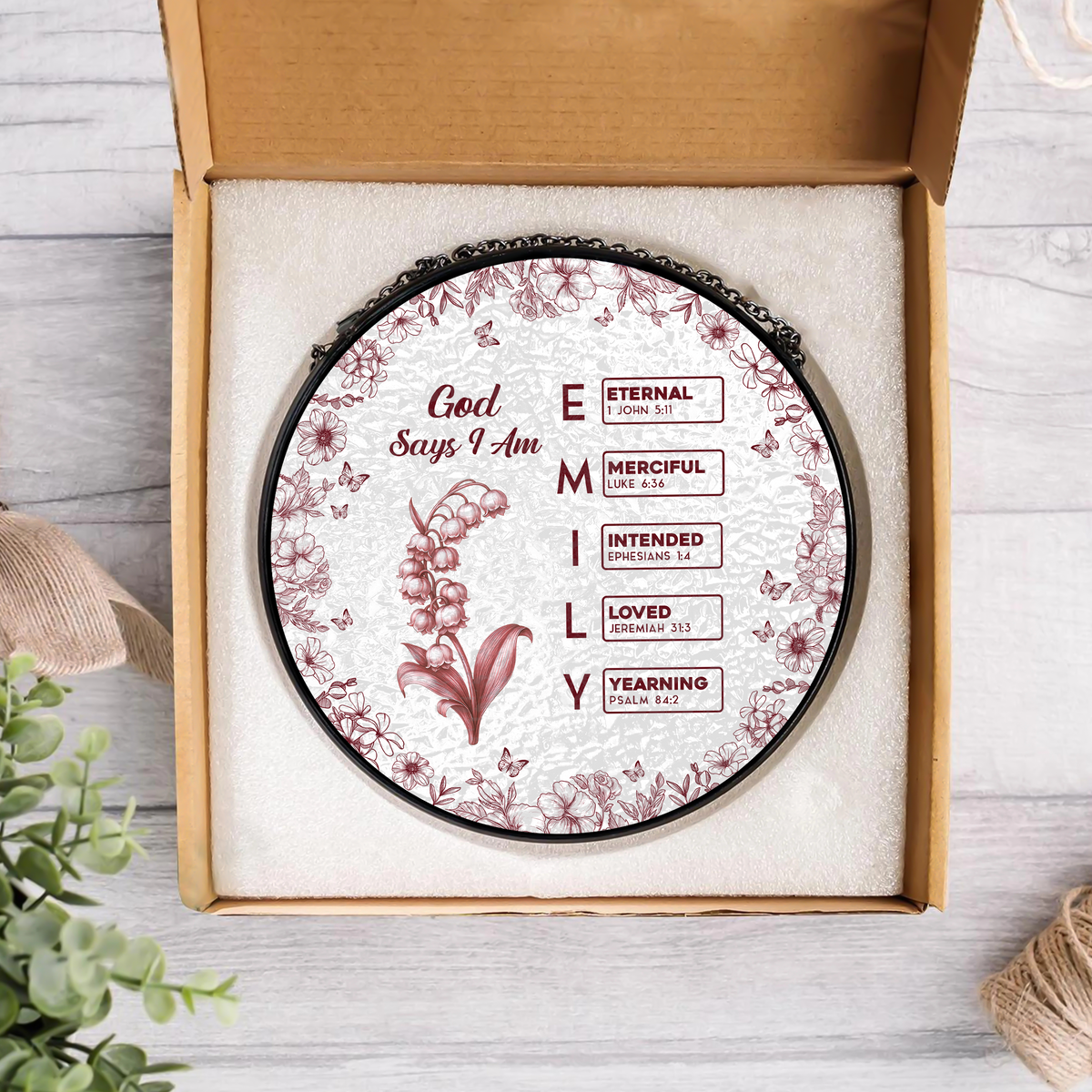 God Says I Am Name Letter In Bible Toile De Jouy Style - Personalized Stained Glass Suncatcher CH07 896962