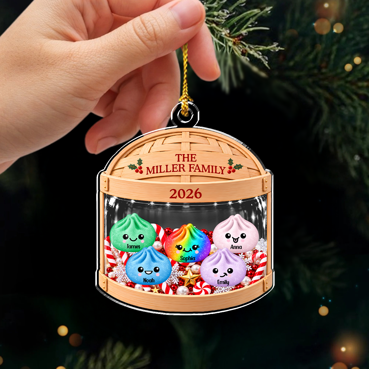 Personalized Family Glitter Dumpling Acrylic Ornament, Family Holiday Keepsake HO82 903644