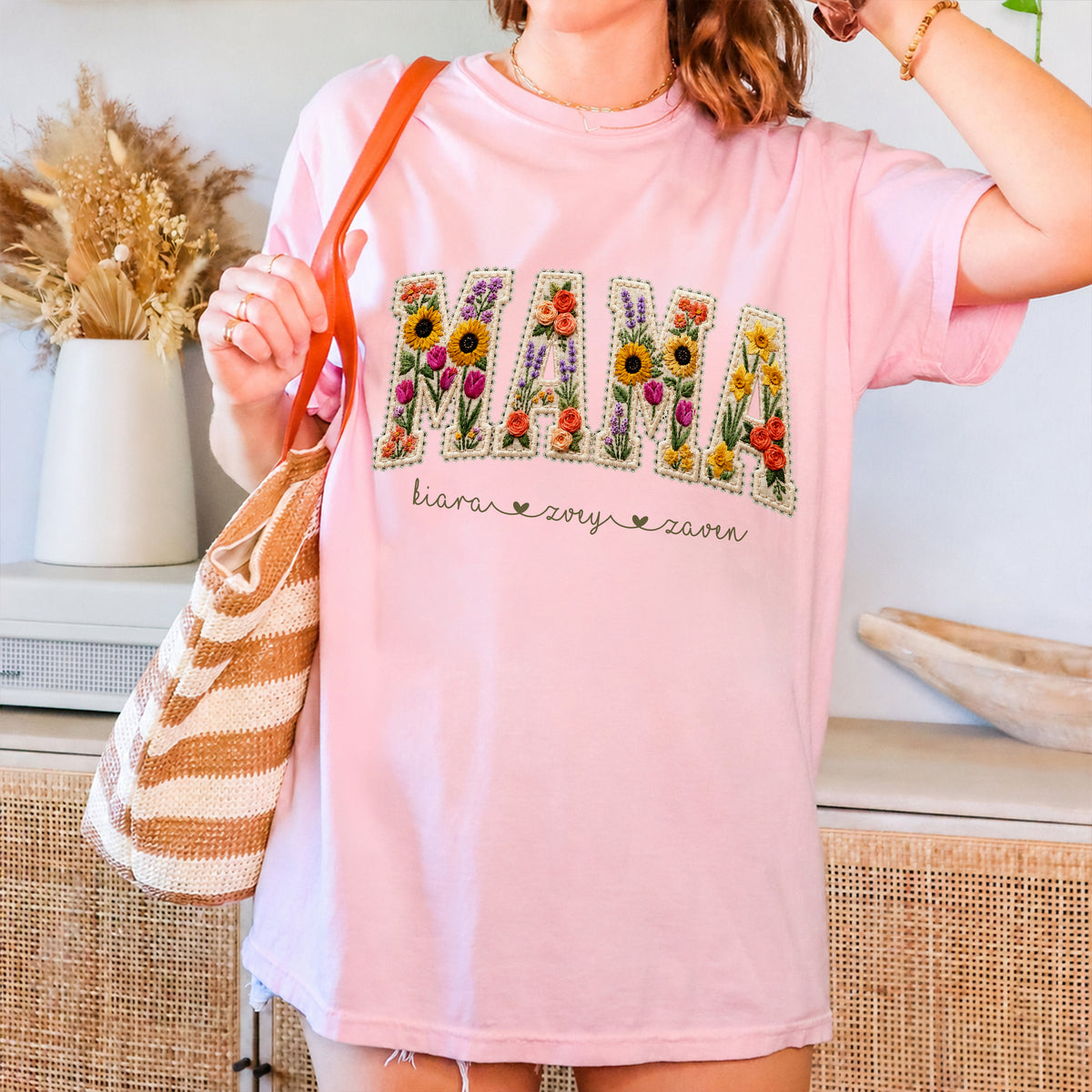 Custom Mama Shirt With Kids Names Faux Embroidery Effect Comfort Shirt HO82 903346