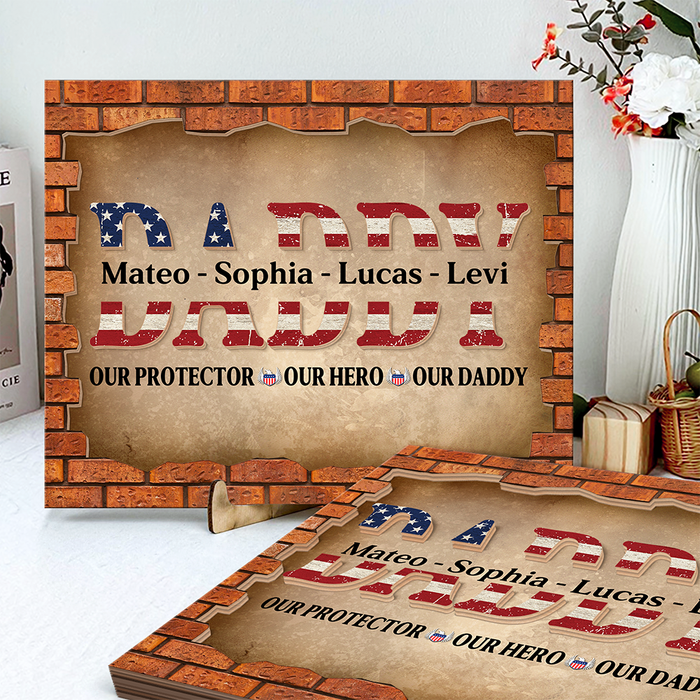 Personalized Gift For Dad American Flag and Red Brick 2-Layered Wooden Plaque With Stand LM32 893631