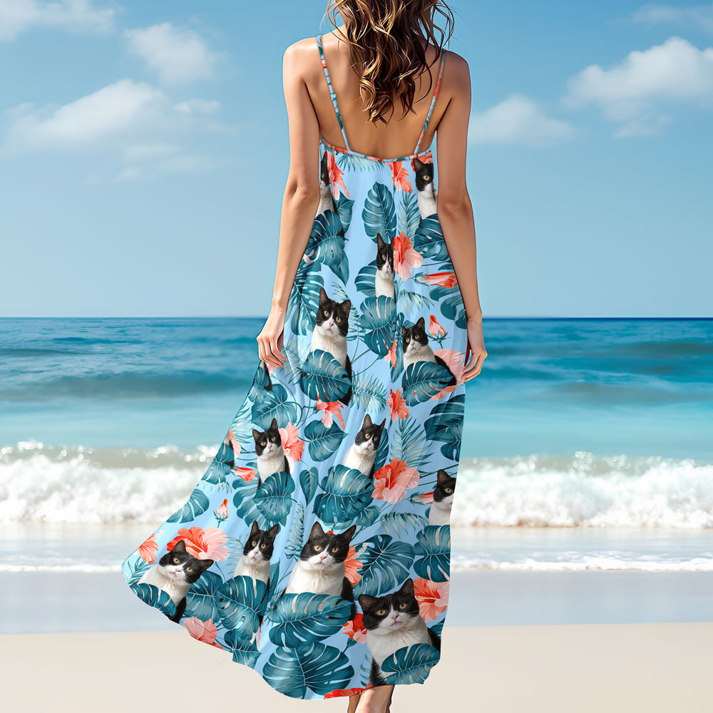 Personalized Summer Day Gift 2026, Custom Cat Photo Hawaiian Style Women's V-Neck Cami Maxi Dress For Summer Beach Holiday Personalized Summer Day Gift 2026, Custom Cat Photo Hawaiian Style Women's V-Neck Cami Maxi Dress For Summer Beach Holiday