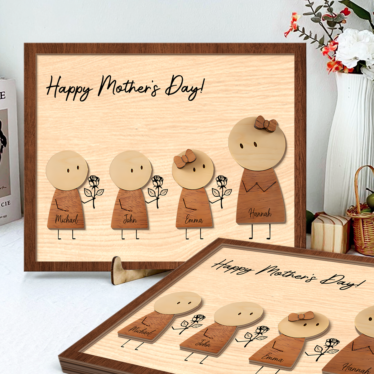 Custom Mom and Kids Names Stickman, Personalized Mother’s Day Gift for Mom 2-Layered Wooden Plaque CH07 911146