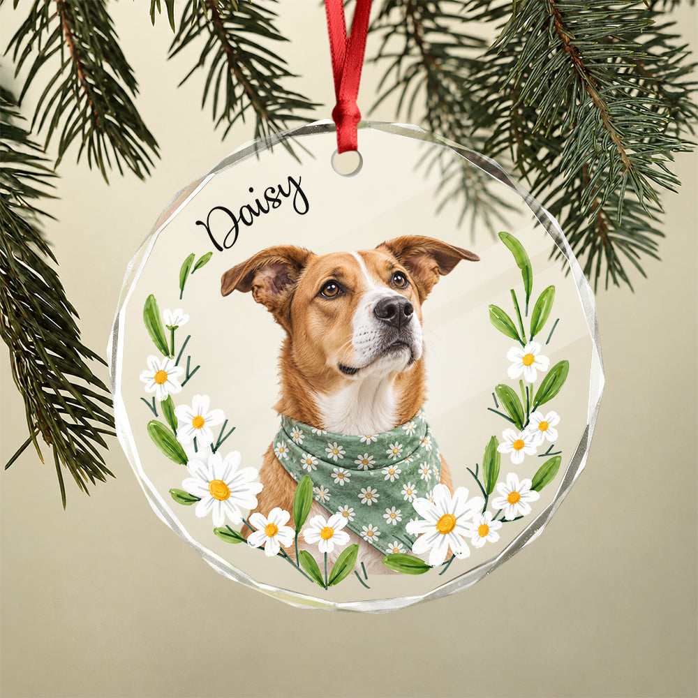 Custom Dog Photo And Name Flower Glass Ornament, Personalized Christmas Tree Decoration for Pet Lovers LM32 670361