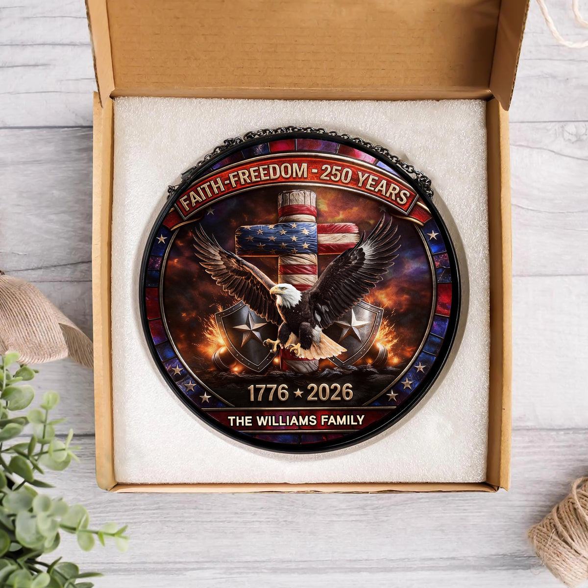 Custom Family Name 250 Years of Freedom 1776 - 2026 Eagle Patriotic Stained Glass Suncatcher HO82 901488