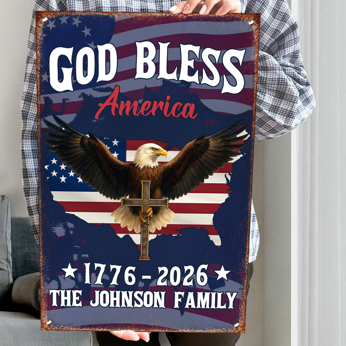 Custom Family Name God Bless America Eagle 1776–2026 Patriotic Metal Sign HA75 920120