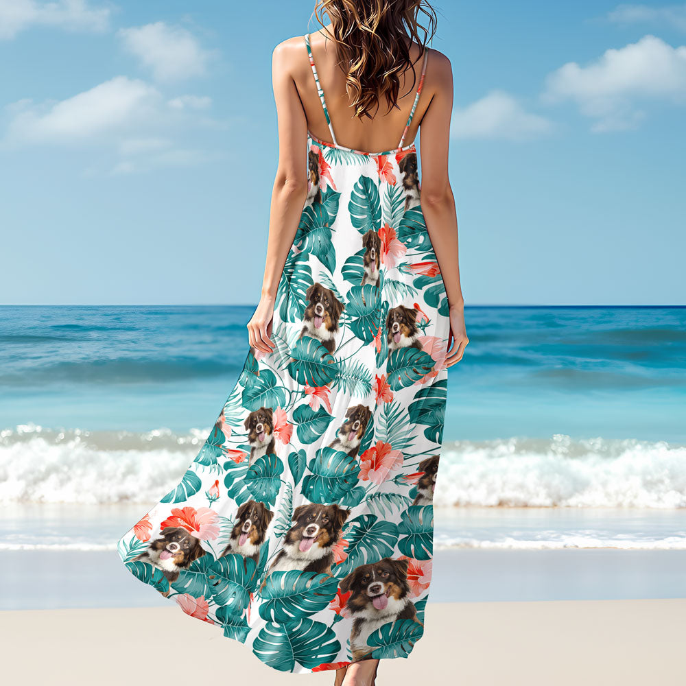Personalized Summer Day Gift 2026, Custom Dog Photo Hawaiian Style Women's V-Neck Cami Maxi Dress for Summer Beach Holiday Personalized Summer Day Gift 2026, Custom Dog Photo Hawaiian Style Women's V-Neck Cami Maxi Dress for Summer Beach Holiday