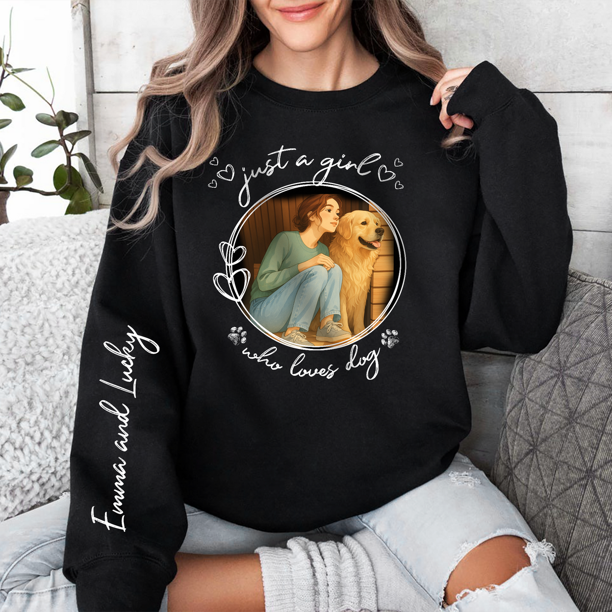 Custom Cartoon Photo Just A Girl Who Loves Dogs Sleeve Personalized Printed Sweatshirt LM32 893855